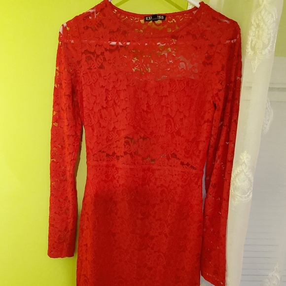 Express | Dresses | Express Red Lace Dress Small Long Sleeve | Poshmark